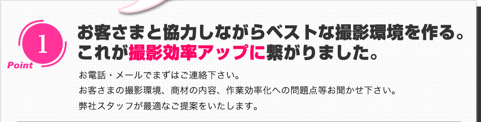 お客さまと協力しながらベストな撮影環境を作る。これが撮影効率アップに繋がりました。お電話・メールでまずはご連絡下さい。お客さまの撮影環境、商材の内容、作業効率化への問題点等お聞かせ下さい。弊社スタッフが最適なご提案をいたします。